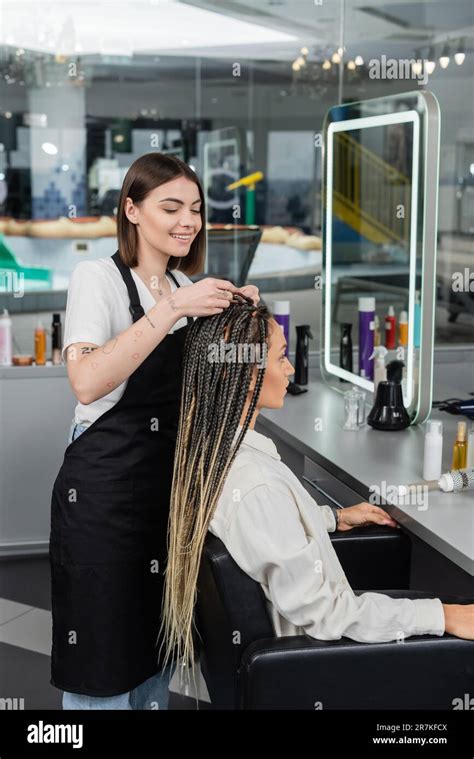 Beauty Industry Braids Happy Hairdresser Braiding Hair Of Woman In Salon Braiding Process