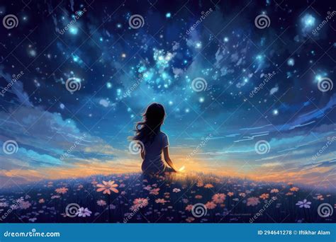 Young Woman Sitting On Grass And Looking At Night Sky With Stars