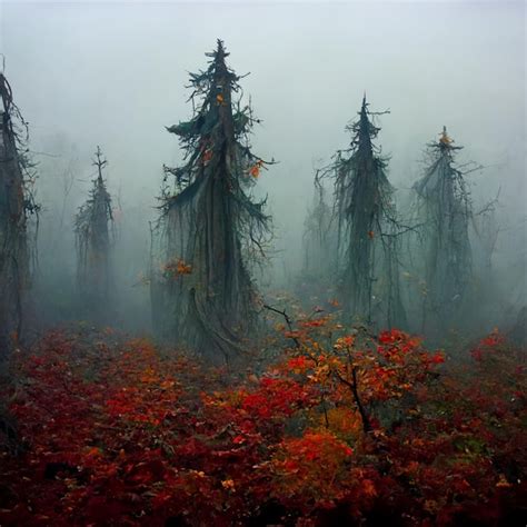 Premium AI Image | A forest with trees and red leaves in the fog