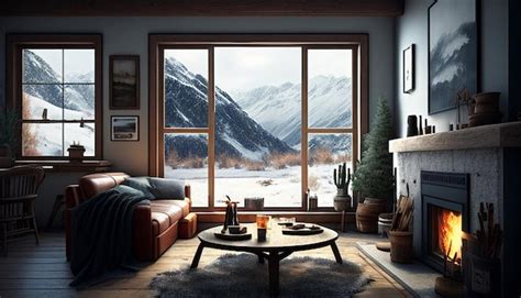 Premium Photo | Interior of a mountain challet living room with a ...