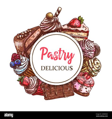 Cakes and cupcakes pastry vector round banner. Bakery shop sweet sketch ...