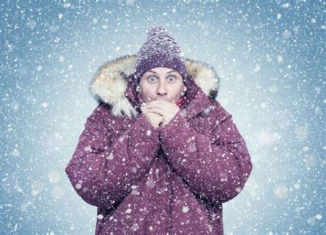 Frozen Man In Red Winter Clothes Warms His Hands Cold Snow Frost