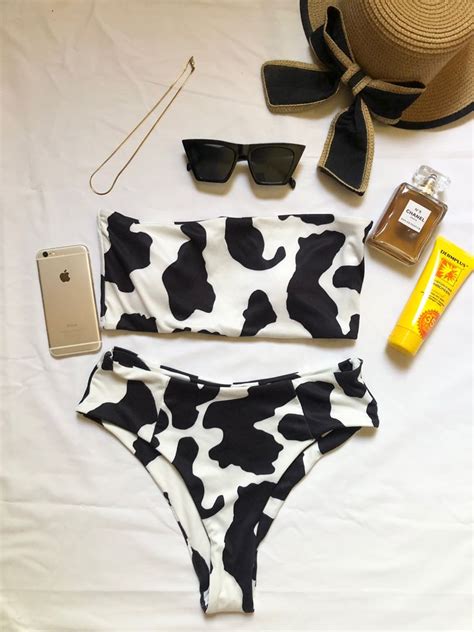 Shein Cow Print Hw Tube Bikini Women S Fashion Swimwear Bikinis