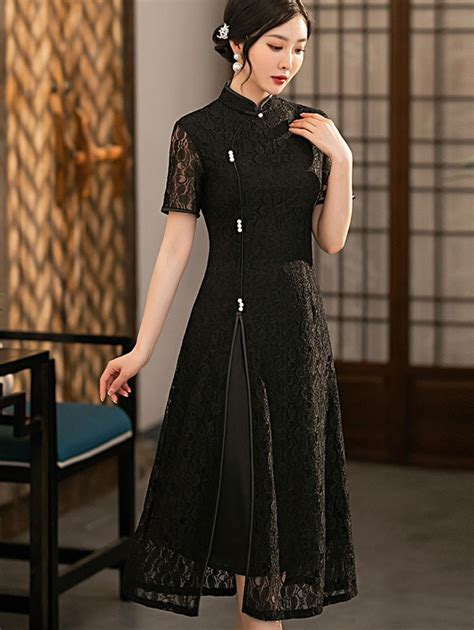 Black Floral Lace A Line Mid Qipao Cheongsam Dress Cozyladywear