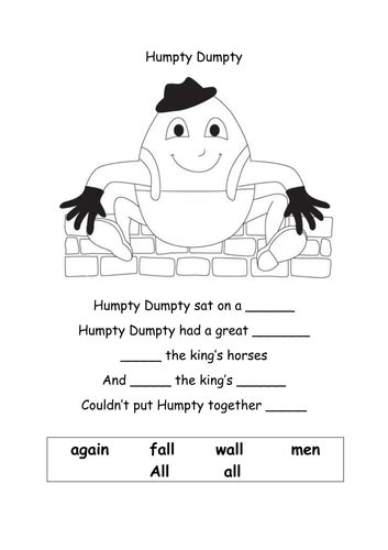 Humpty Dumpty Nursery Rhyme Worksheet Receptionyear 1 Fill In Blanks