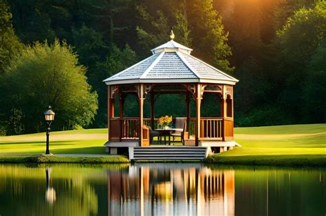 Premium Ai Image A Gazebo With A Gazebo On The Lake In The Woods