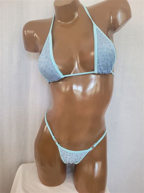 New Exotic Dancer Thong Bikini 2 Piece Set A Cup Polka Dot Blue EBay