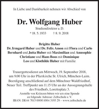 Traueranzeigen Von Wolfgang Huber Sz Gedenken De