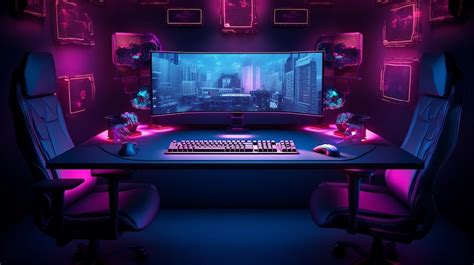 Premium Photo | Neon gaming desk setup with keyboard