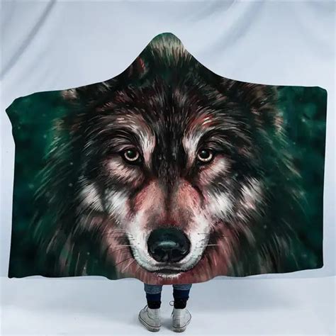 Wolf Collection Hooded Blanket Wolves Painting Sherpa Fleece Wearable