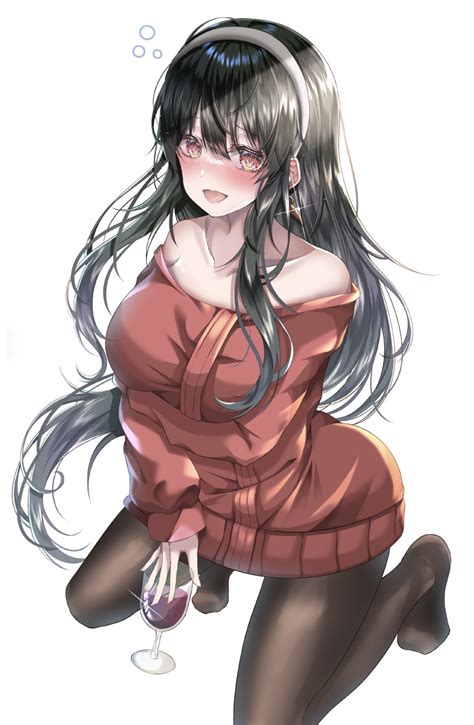 Safebooru 1girl D Absurdres Alcohol Arm Under Breasts Bangs Bare Shoulders Black Hair Blush