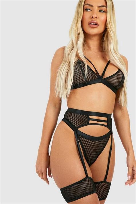 Crotchless Mesh Strapping Bralette Thong And Suspender Set Boohoo Usa