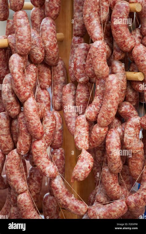 Chains Of Fresh Sausages On Market Stall Stock Photo Alamy