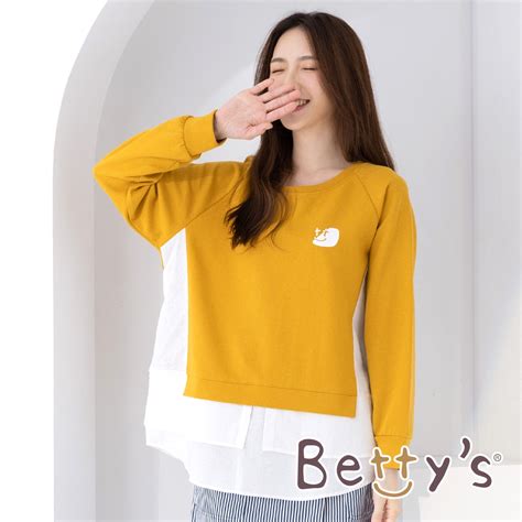 Betty’s貝蒂思 圓領印花假兩件拼接t Shirt 深黃 短袖 Yahoo奇摩購物中心