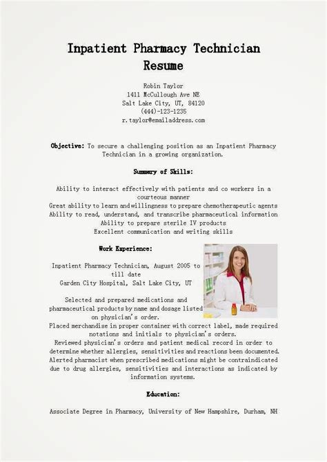 Resume Samples Inpatient Pharmacy Technician Resume Sample