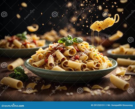 Floating Spaghetti Cylindrical Pasta Staple Food In Italian Cuisine