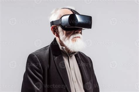 Old man using virtual reality headset. VR gadgets, , education online ...