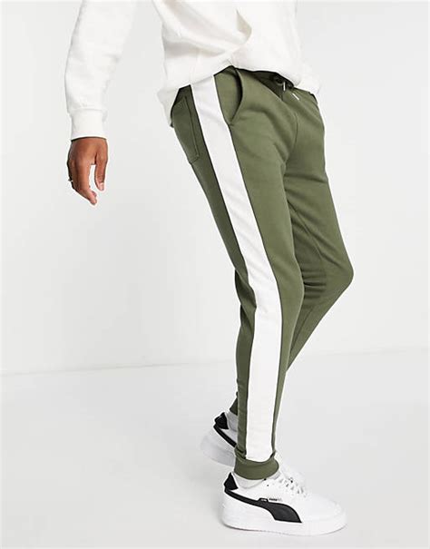 Asos Design Skinny Trackies With Side Stripe In Khaki Asos