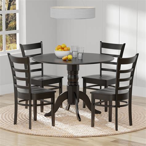 5 Pc 42 Round Double Drop Leaf Dining Table Slat Back Dining Chairs Dining Set In Black