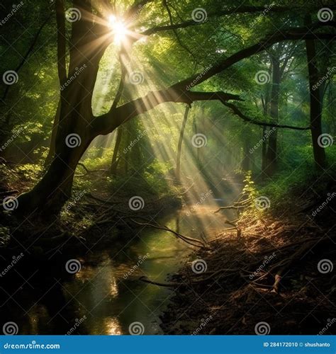 Beautiful Rays of Sunlight in a Green Forest Stock Illustration - Illustration of rays ...