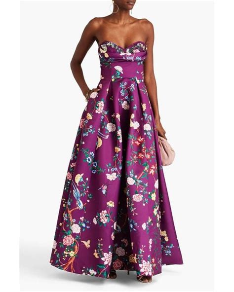 Marchesa Strapless Embellished Floral Print Satin Gown In Purple Lyst