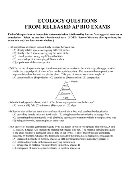 Ecology Practice Questions From Released Exams1 2