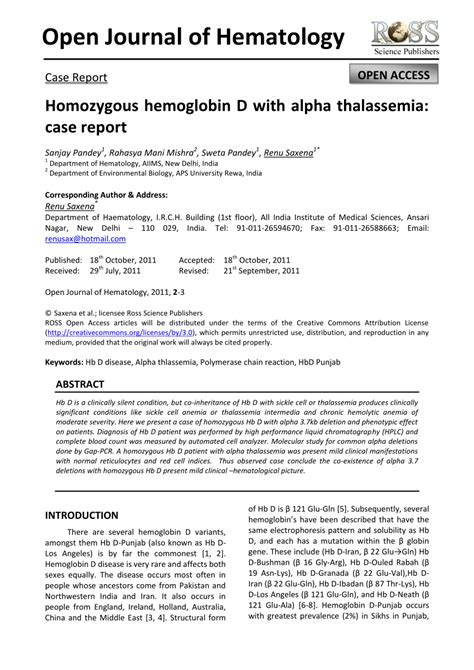 Pdf Homozygous Hemoglobin D With Alpha Thalassemia Case Report