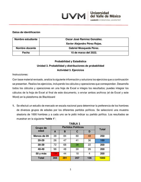 Actividad 3 Ejercicios Datos de identificación Probabilidad y