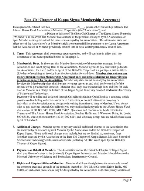 Fillable Online Beta Chi Chapter Of Kappa Sigma Membership Agreement