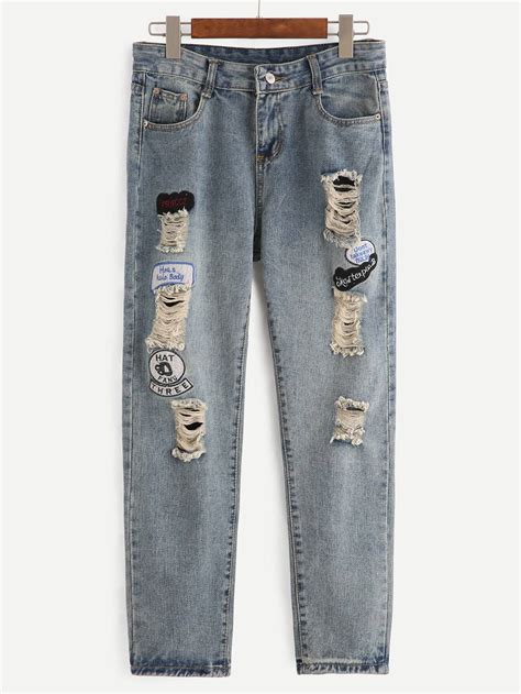 Blue Ripped Embroidered Patches JeansFor Women-romwe