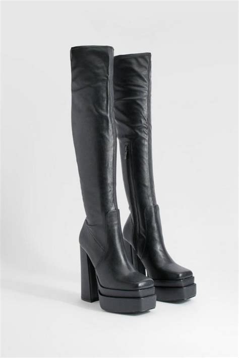 Platform Block Heel Stretch Pu Knee High Boots Boohoo Uk