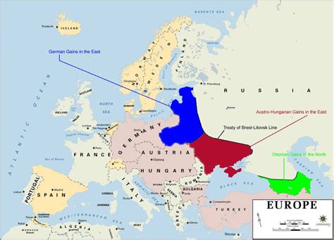 Treaty of Brest-Litovsk 1918 and map of Central Powers temporary gains in the east : europe