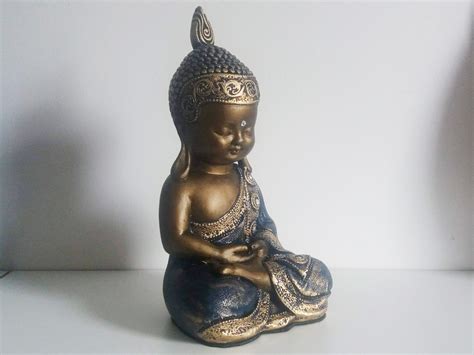 Buda 27cm Baby Dhyana Mudra Bronze Azul Petróleo e Ouro Elo7