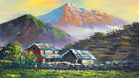 Village Painting Acrylic Landscape Painting In Time Lapse Mountains