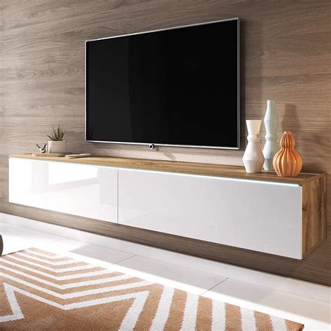 White Floating TV Unit Cabinet Wall Mounted High Gloss Entertainment ...