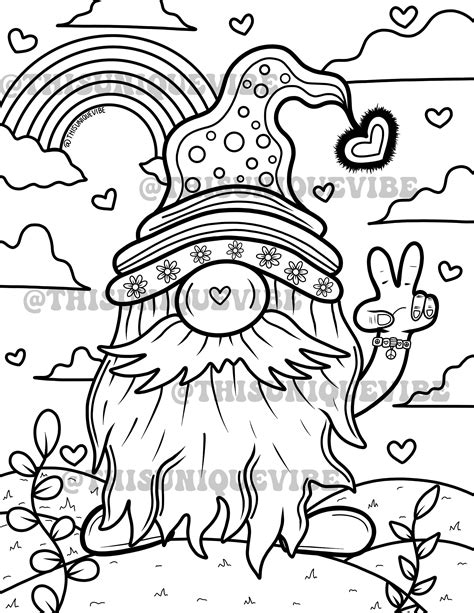 Hippie Gnome Coloring Page Printable Adult Coloring Page Coloring Book