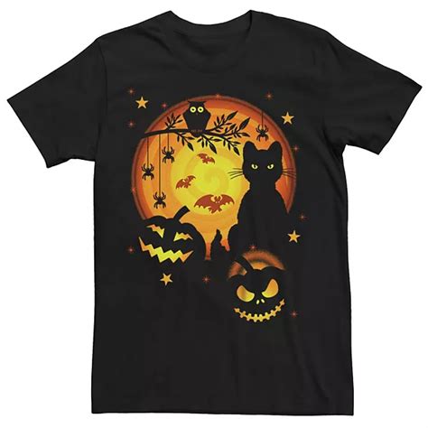 Mens Halloween Cat Owl Jack O Lanterns Bats Spiders Graphic Tee