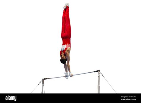 gymnast exercise horizontal bar in championship gymnastics isolated on white background, element ...