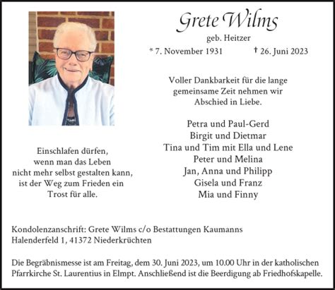 Alle Traueranzeigen F R Grete Wilms Trauer Rp Online De