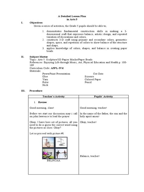 A Detailed Lesson Plan In Arts Pdf Design Bead