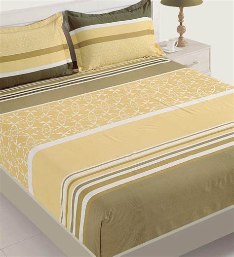 Buy Cream Geometric 120 Tc Cotton 1 Double King Size Bedsheet With 2