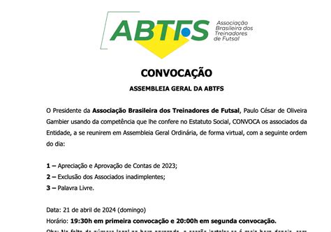 Edital De Convocação Assembleia Geral Prestação De Contas Abtfs