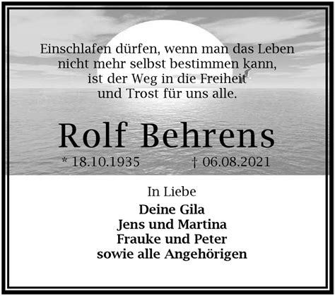 Traueranzeigen Von Rolf Behrens Nordwest Trauer De