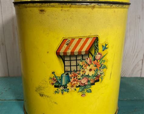 Retro 1950s Canister Flour Canister Yellow Enamel With Floral