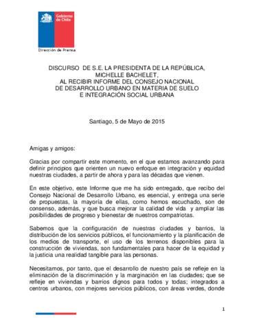 Discurso De Michelle Bachelet Al Recibir Informe Del Consejo Nacional