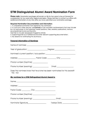 Fillable Online Stm Distinguished Alumni Award Nomination Form Fax