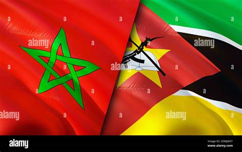 Morocco and Mozambique flags. 3D Waving flag design. Morocco Mozambique ...