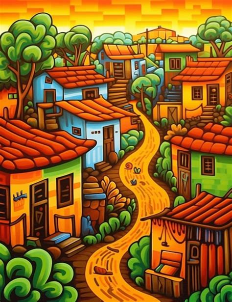 Pintura De Un Pueblo Colorido Con Un Camino Sinuoso Y Casas Generativas