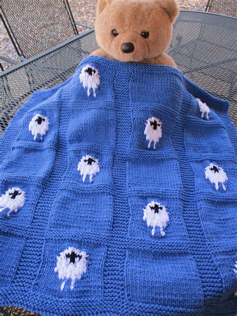 Blue Baby Blanket With Sheep Denim Blue Hand Knitted Baby Shower