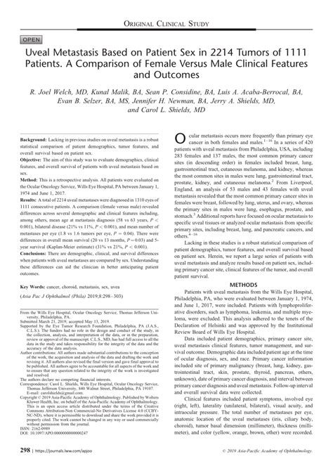 Pdf Uveal Metastasis Based On Patient Sex In 2214 Tumors Of 1111 Patients A Comparison Of